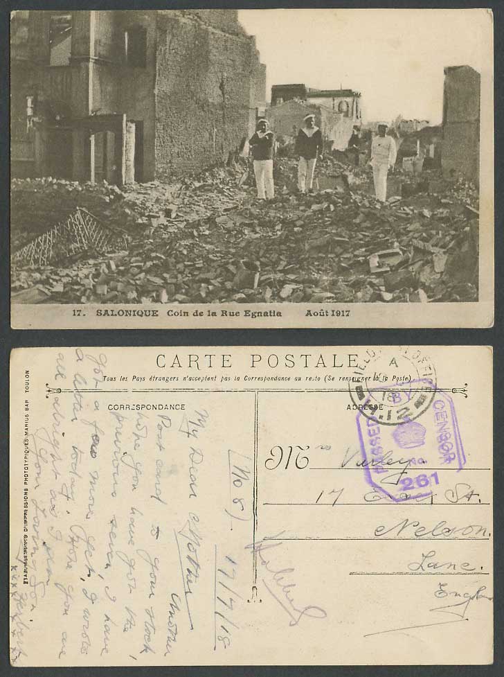 Greece WW1 1918 Postcard Rue Egnatia Street Ruins, Navy, Salonica Salonique 1917