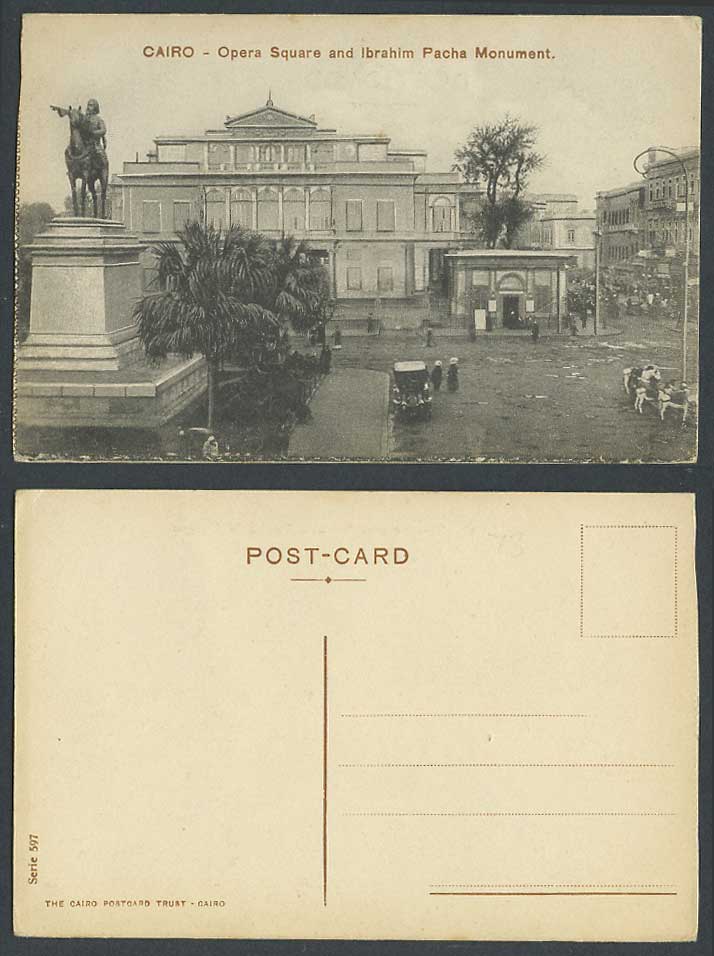 Egypt Old Postcard Cairo Opera Square & Ibrahim Pacha Monument Vintage Motor Car