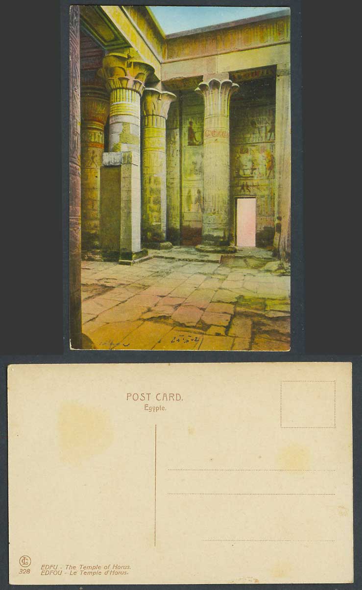 Egypt Old Colour Postcard Edfu Edfou Temple of Horus Ruins Carvings Columns 328.