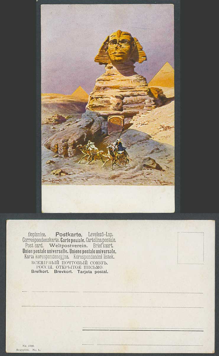 Egypt F. Perlberg Artist Signed Old Postcard Sphinx Pyramids Camel Riders Camels