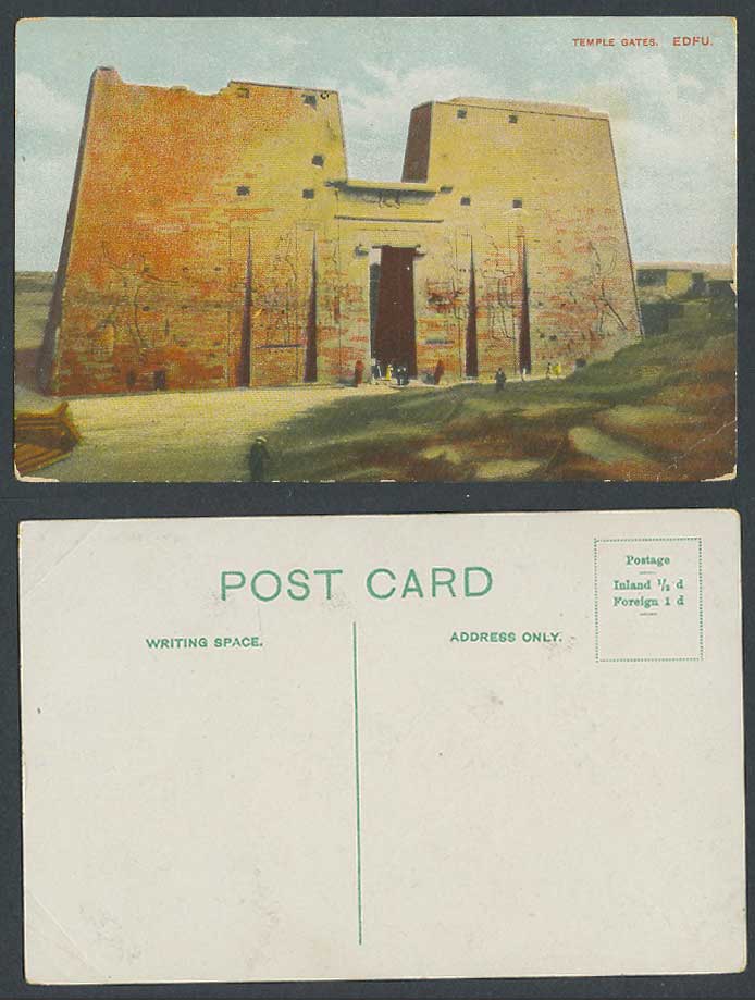 Egypt Old Colour Postcard Edfou Edfu Temple Gates, Ruins, Gate, Wall Carvings