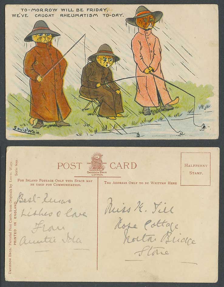 Louis Wain Artist Signed Cats Fishing in Rain, We Caught Rheumatism Old Postcard