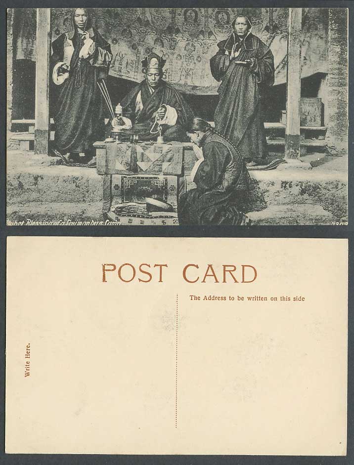 TIBET China Blessing of a Layman by a Lama, Tibetan Costumes Thibet Old Postcard
