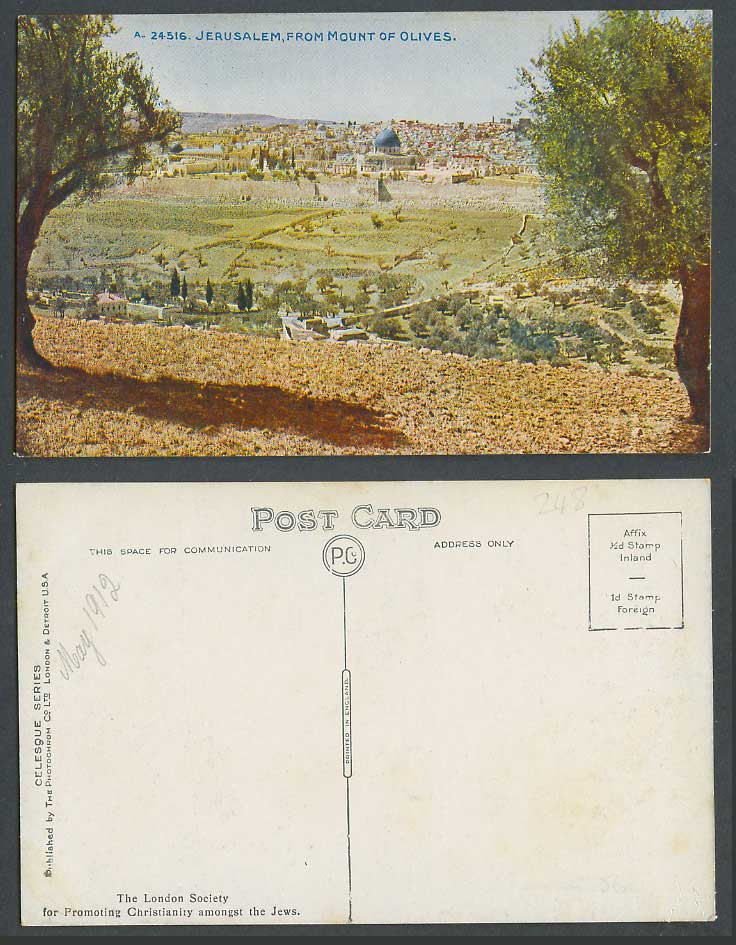 Palestine 1912 Old Colour Postcard Jerusalem From Mount of Olives Trees Panorama