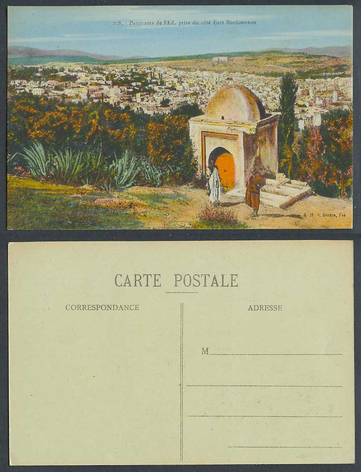 Morocco Old Hand Tinted Postcard Fes FEZ Panorama prise du Cote Fort Bordonneau