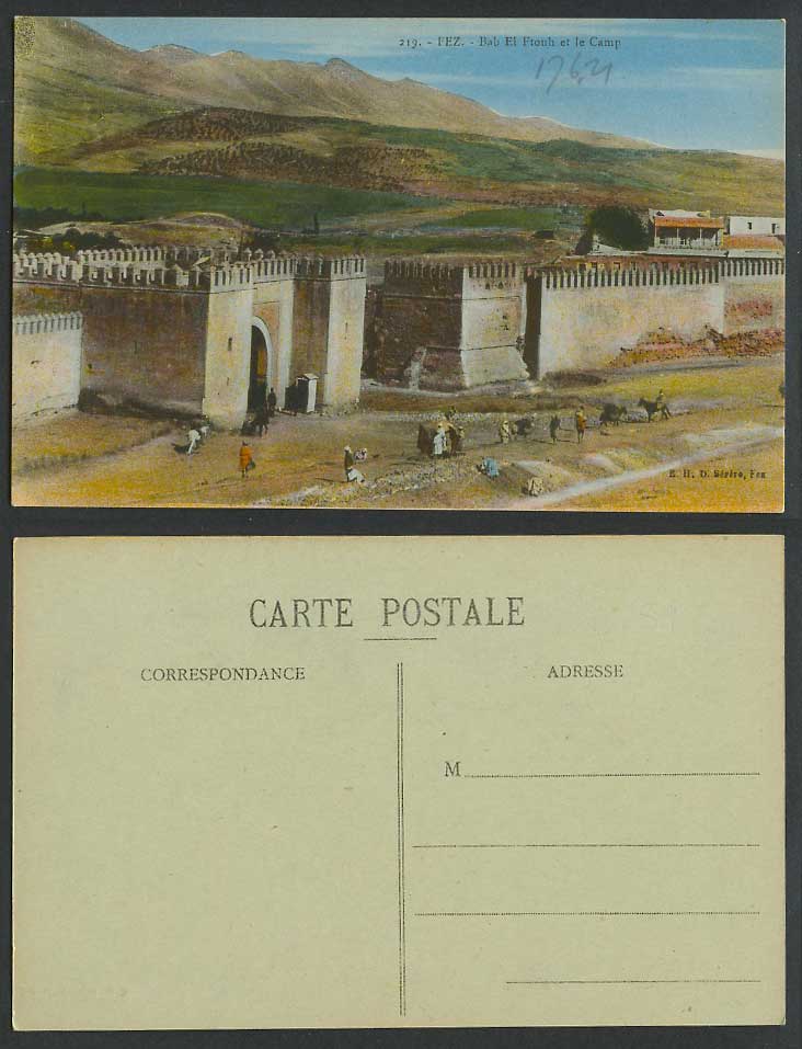 Morocco 1921 Old Hand Tinted Postcard Fes FEZ Bab El Ftouh et le Camp Gate Walls