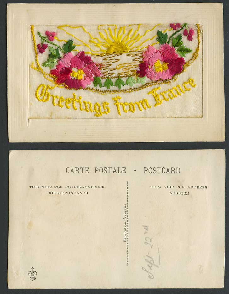 WW1 SILK Embroidered Old Postcard Souvenir from France Sun, Flowers Empty Wallet