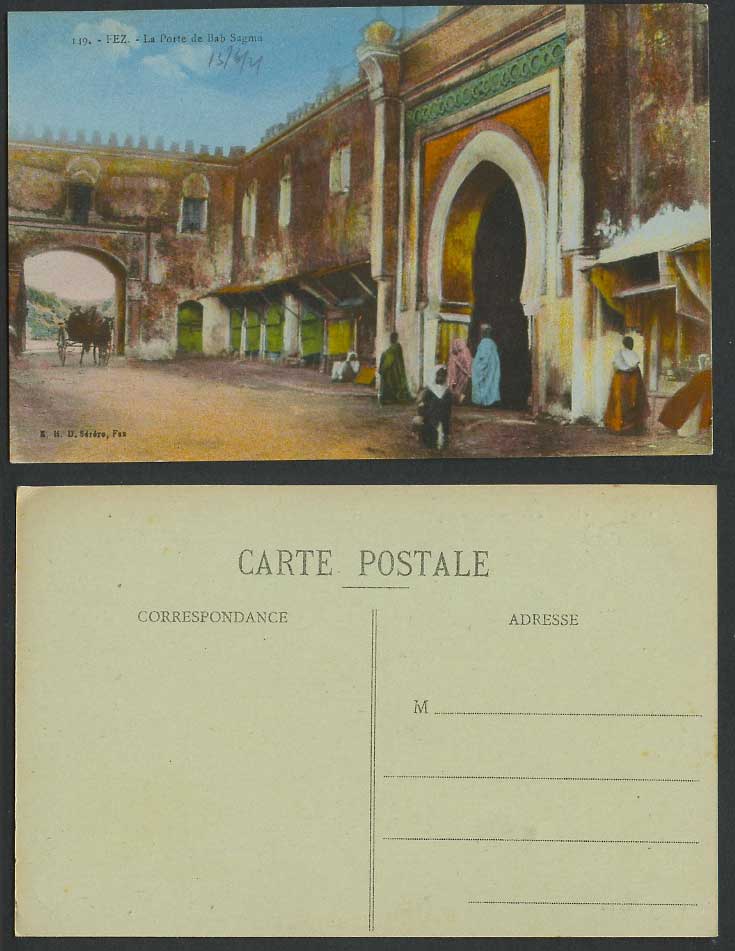 Morocco 1921 Old Colour Postcard Fes Fez La Porte de Bab Sagma Street Scene Gate