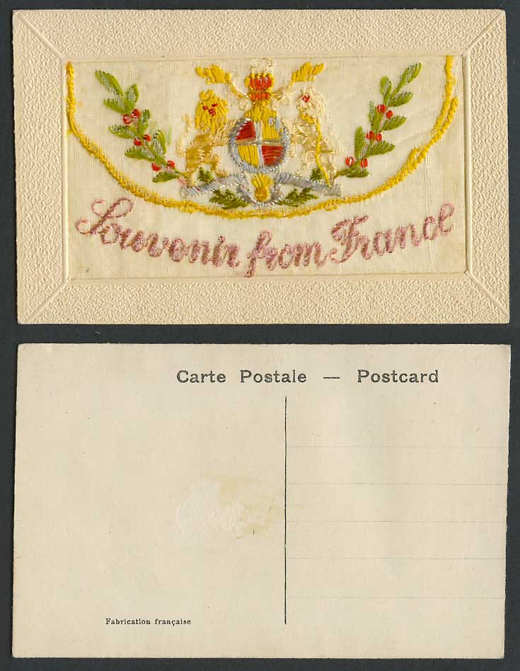 WW1 SILK Embroidered Old Postcard Souvenir from France Coat of Arms Empty Wallet