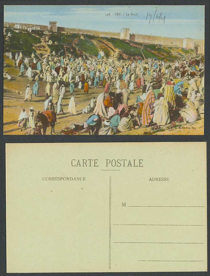 Morocco 1921 Old Colour Postcard Fes Fez Le Souk, Native Market Scene City Walls