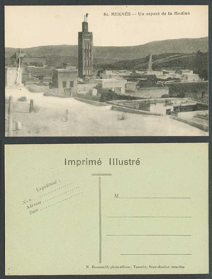 Morocco Old Postcard Meknes Un aspect de la Medina, Tower, Hills Street Panorama
