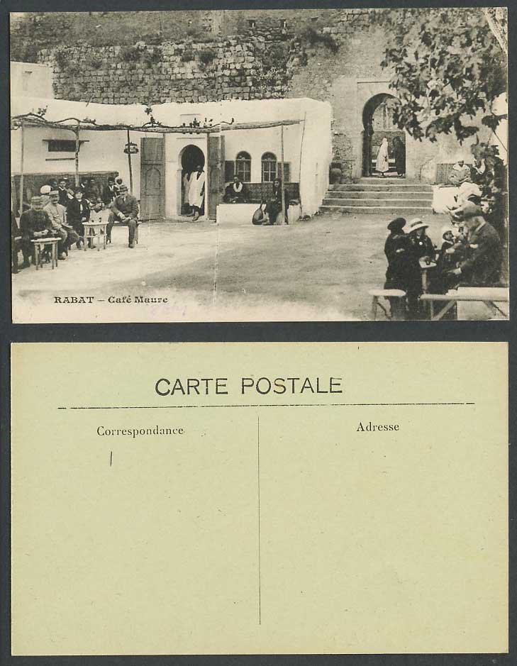 Morocco Old Postcard Rabat Cafe Maure Steps Soldiers Western Men Women Boy Girls