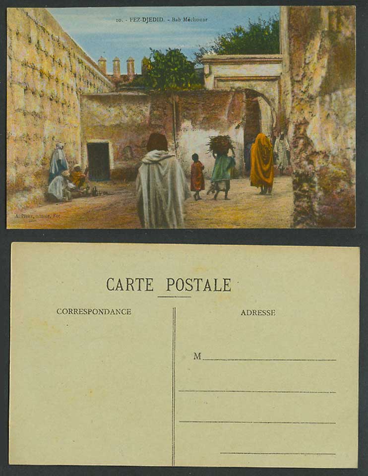 Morocco 1921 Old Colour Postcard Fes Fez-Djedid, Bab Mechouar, Street Scene Gate
