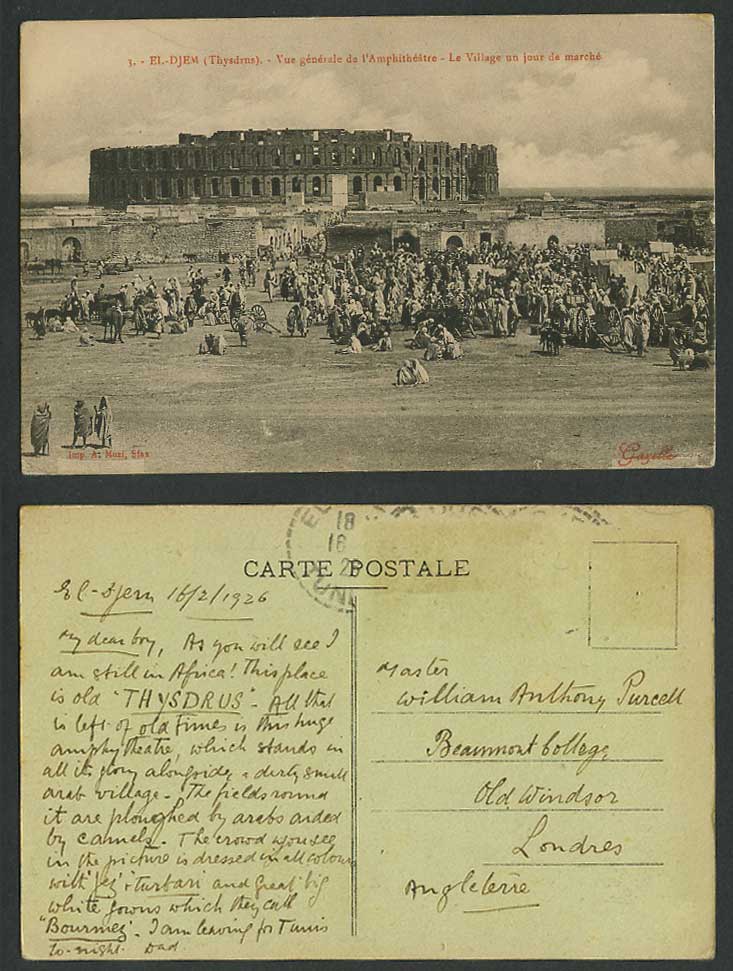 Tunisia 1926 Old Postcard El-Djem Thysdrus Amphitheatre Ruins Village Market Day
