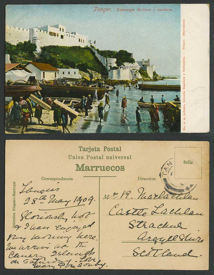 Morocco 1909 Old Postcard Tanger Embarque de Toros y maderas, Boats, Bulls Woods