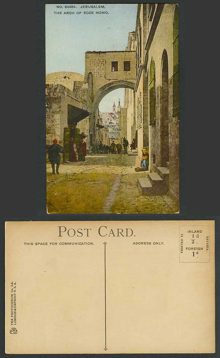 Palestine Old Colour Postcard Jerusalem, Arch of Ecce Homo Dolorosa Street Scene