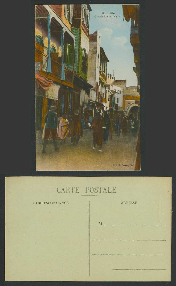 Morocco 1921 Old Postcard Grand Rue de Mellah Native Street Scene Gate Shops 113