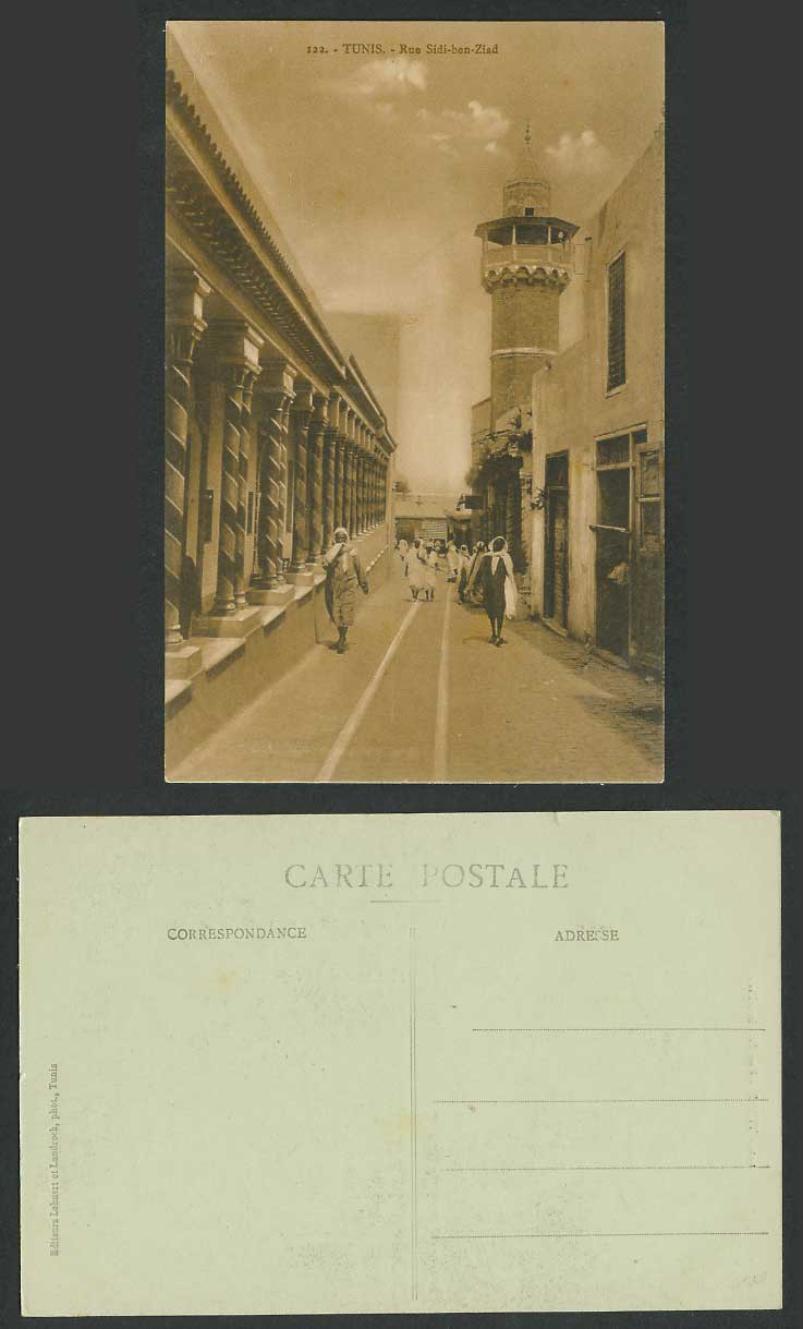 Tunisia Old Postcard Tunis Rue Sidi-ben-Ziad, Street Scene, Mosque Tower Natives