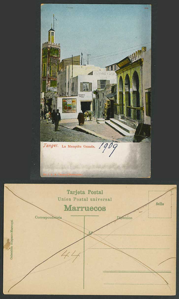Morocco 1909 Old Colour Postcard Tanger, La Mezquita Grande Mosque, Street Scene