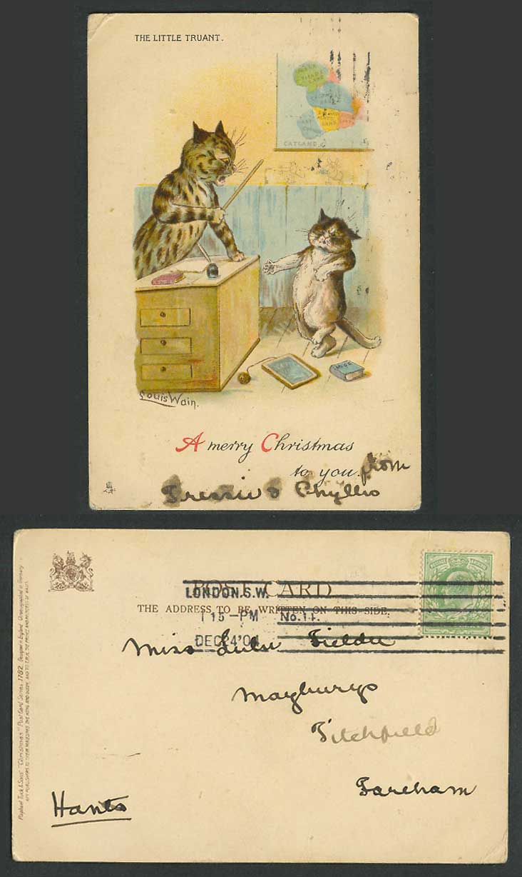 LOUIS WAIN Cats Catland Map The Little Truant Cane Punish 1904 Old Postcard Xmas