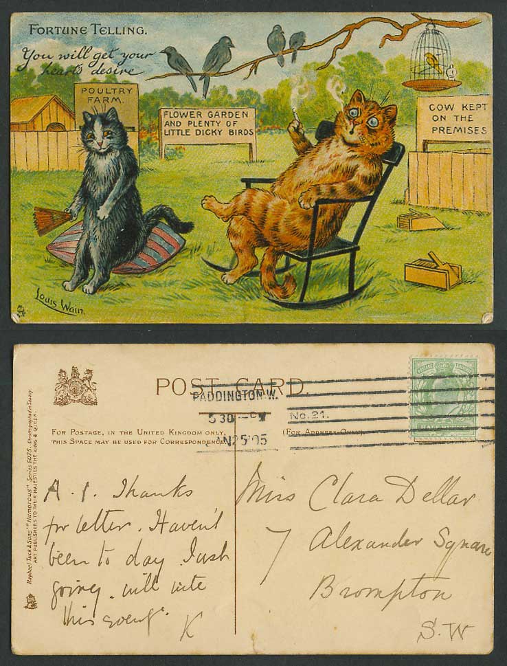 Louis Wain Artist Signed Cats Fortune Telling Dicky Birds 1905 Old Tuck Postcard