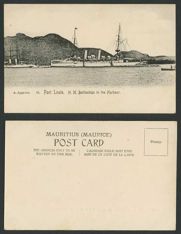 Mauritius c.1910 Old Postcard Port Louis H.M. Battleships in Harbour Warships 15