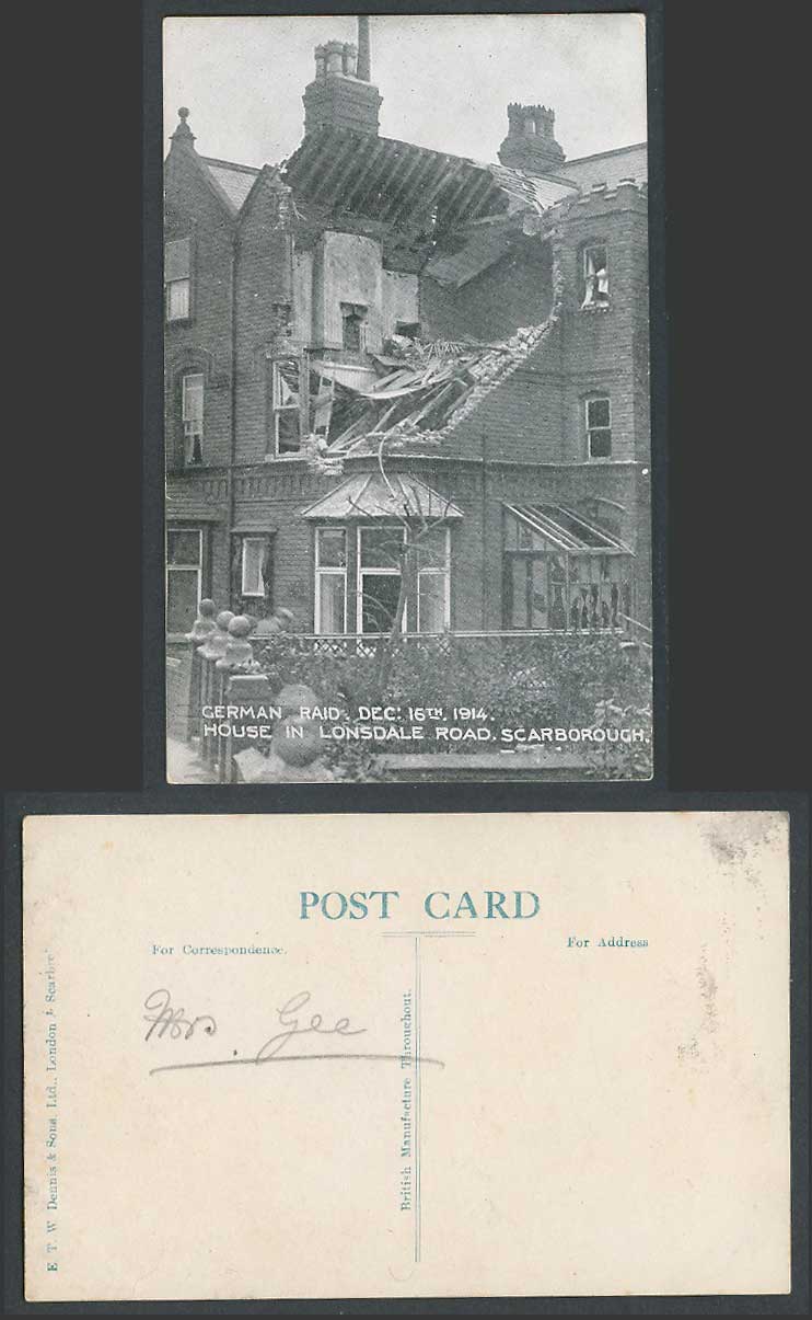 German Raid Dec 16th 1914 Bombed House in Lonsdale Road Scarborough Old Postcard