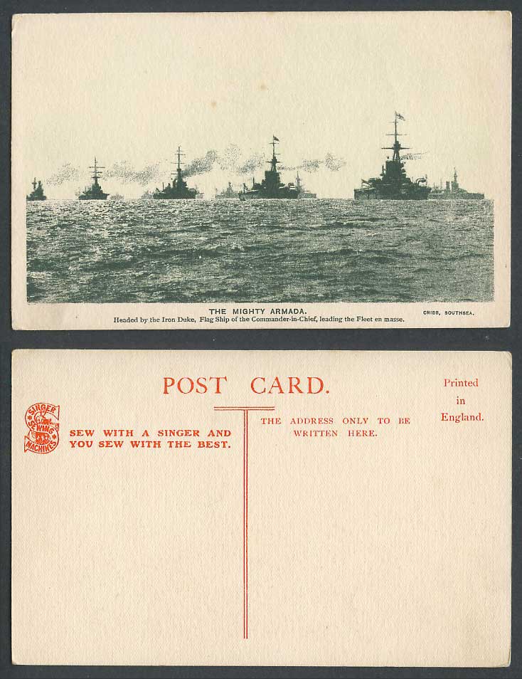Mighty Armada Iron Duke Flag Ship Fleet Old Postcard Singer Sewing Machine Avert