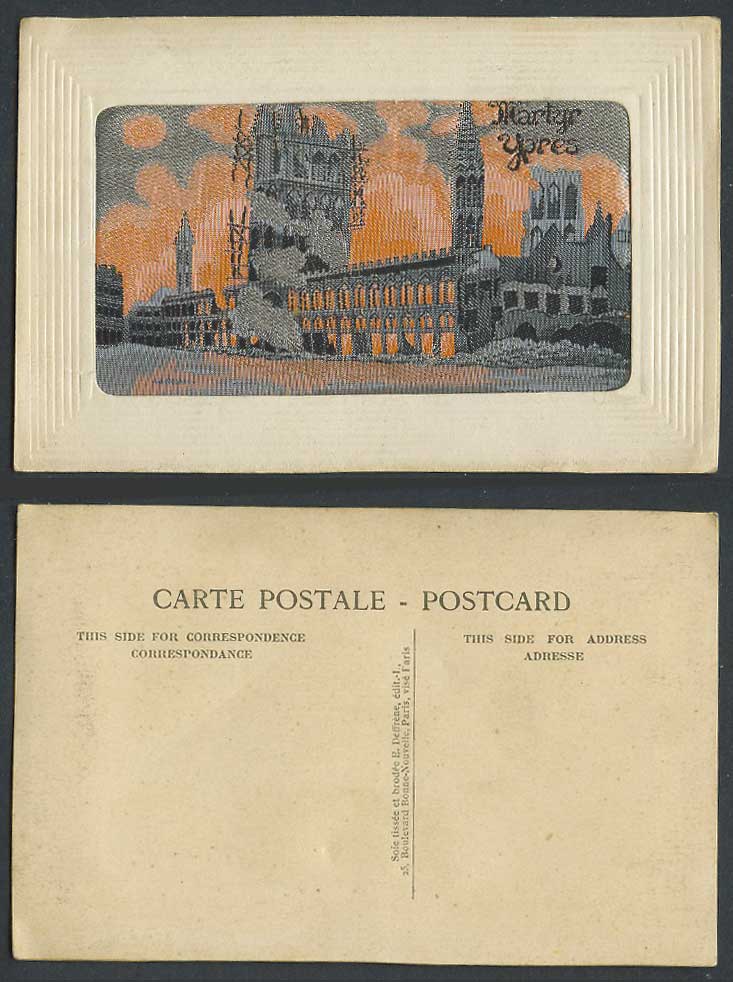 WW1 Woven Silk Old Postcard Martyr Belgium Ypres Bombardment Fire Ruins Military