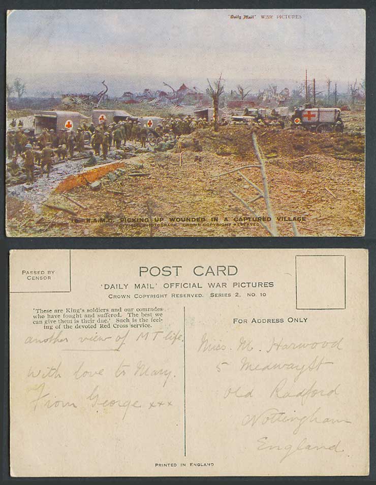 WW1 Red Cross Old Postcard R.A.M.C. Picking up Wounded Captured Village Soldiers
