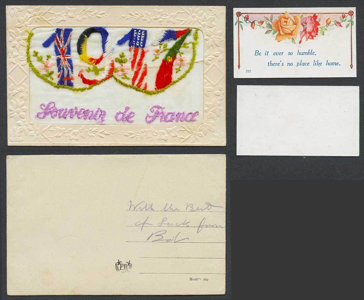 WW1 SILK Embroidered 1917 Old Postcard Souvenir de France, No Place Like Home PR