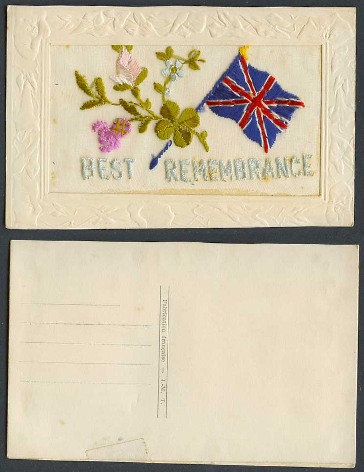 WW1 SILK Embroidered Old Postcard Best Remembrance British Flag Four-Leaf Clover