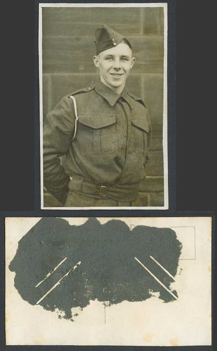 WW1 Soldier wearing Military Uniform and Smile, Hat Old Real Photograph Postcard