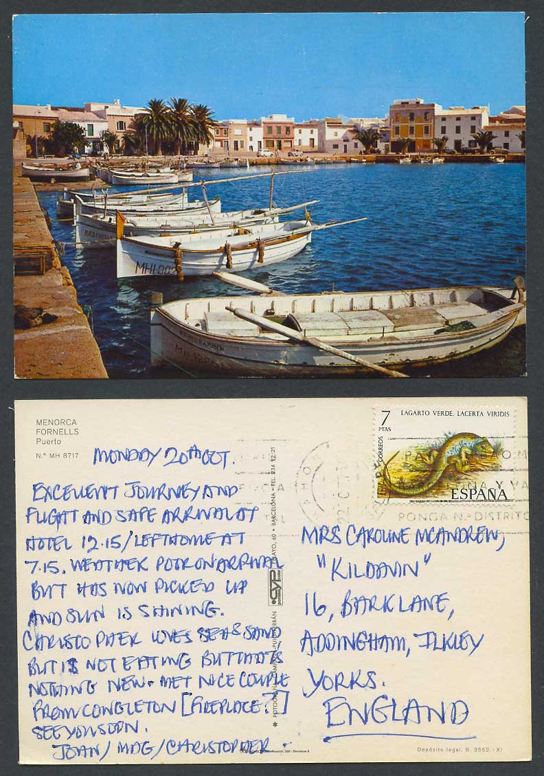 Spain Lagarto Verde 7p 1975 Postcard Menorca Fornells Puerto Harbour Boats Yacht