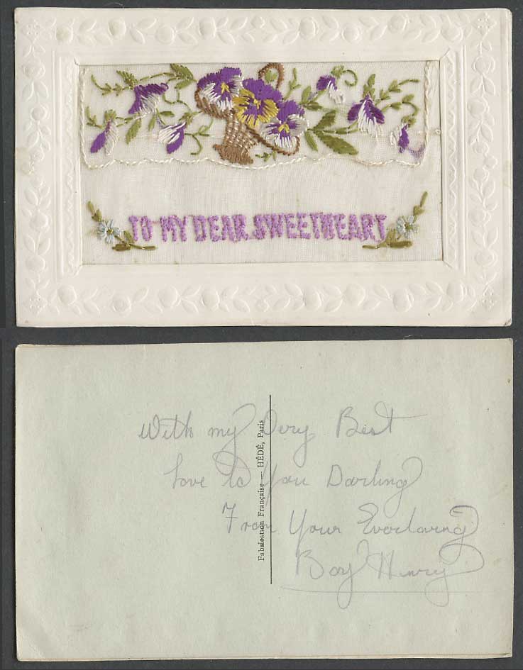 WW1 SILK Embroidered Old Postcard To My Dear Sweetheart Flower Empty Wallet HEDE