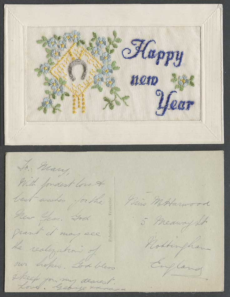 WW1 SILK Embroidered French Old Postcard Happy New Year, Horseshoe, Blue Flowers