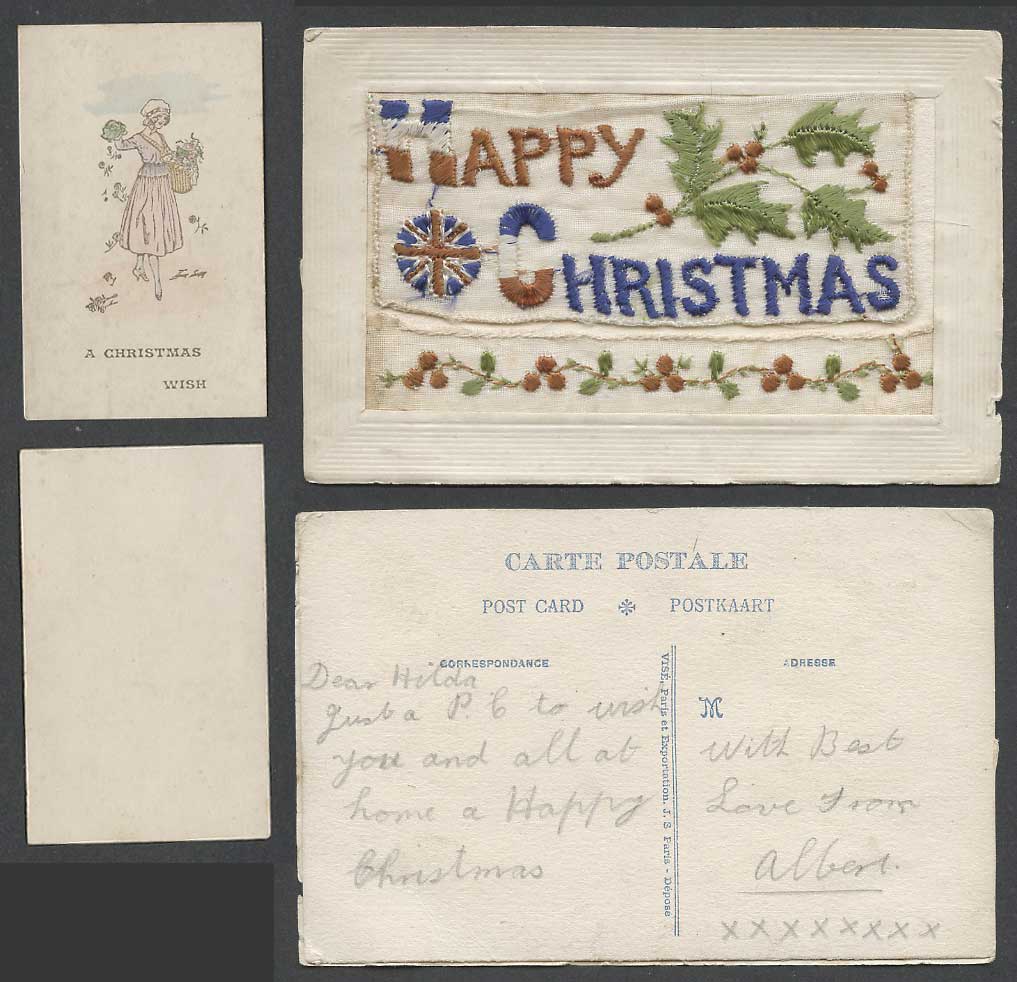 WW1 SILK Embroidered Old Postcard A Happy Christmas Wish Greeting Card in Wallet