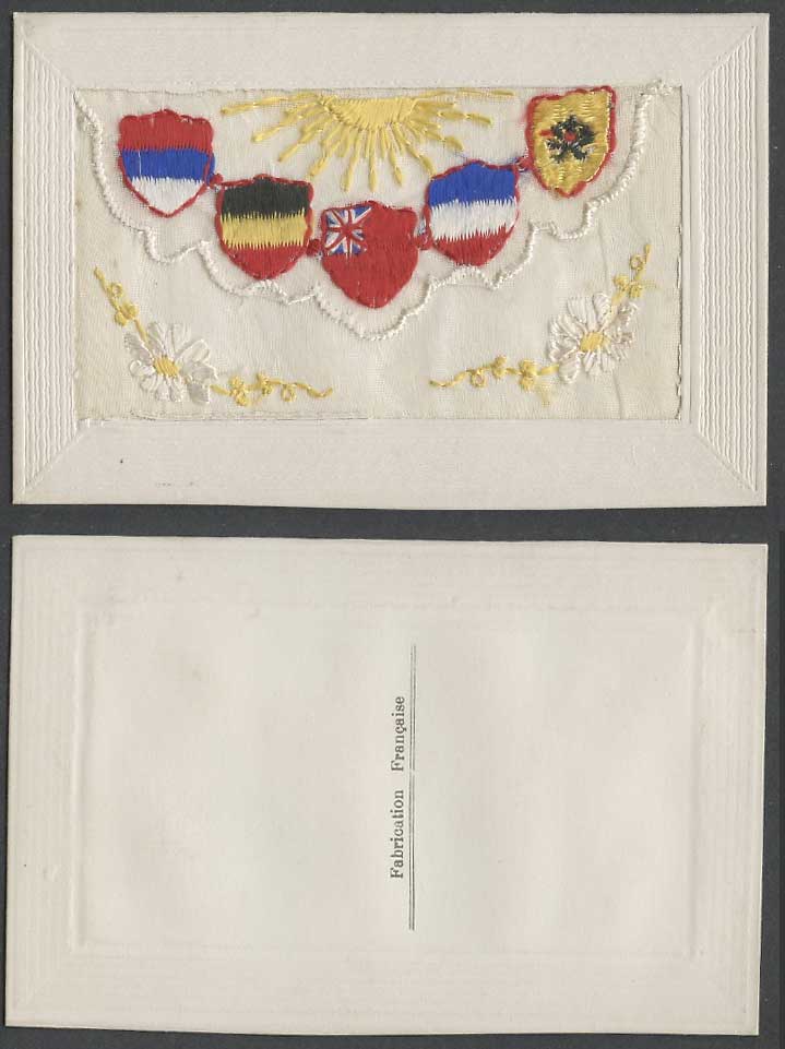 WW1 SILK Embroidered Old Postcard Sun, Flowers, Coat of Arms, Flags Empty Wallet