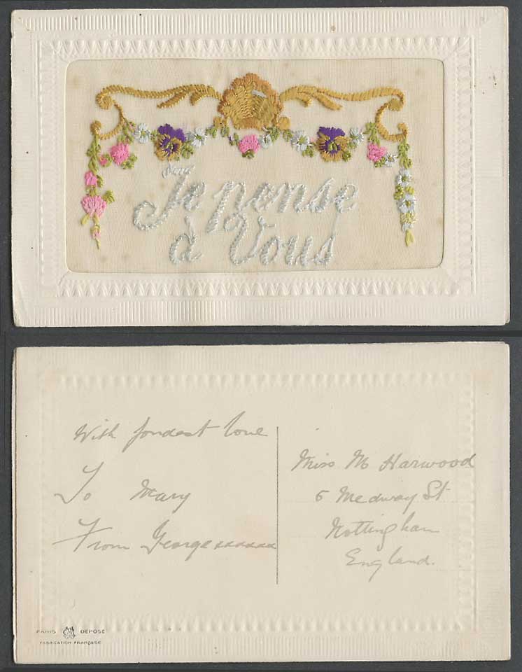 WW1 SILK Embroidered French Old Postcard Je Pense a Vous I Think of You, Flowers