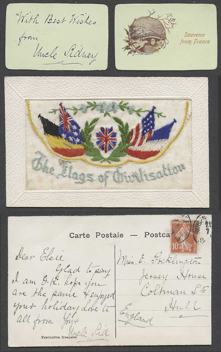 WW1 SILK Embroidered 10c Old Postcard Flags of Civilisation Souvenir from France