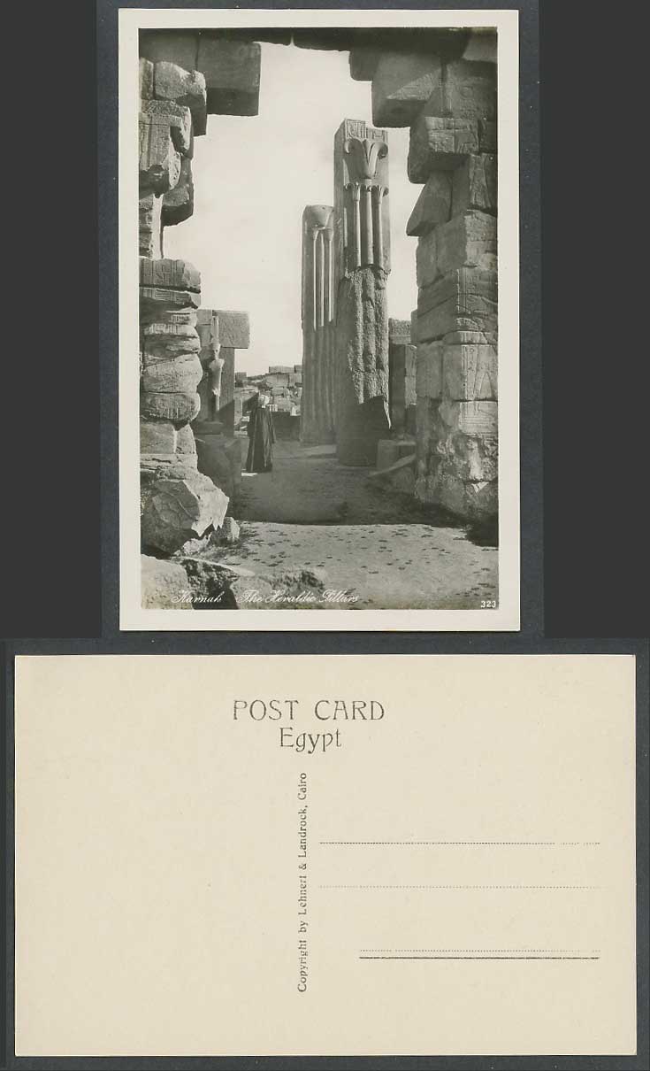 Egypt Old Real Photo Postcard Karnak The Heraldic Pillars, Temple Ruins Arab Man
