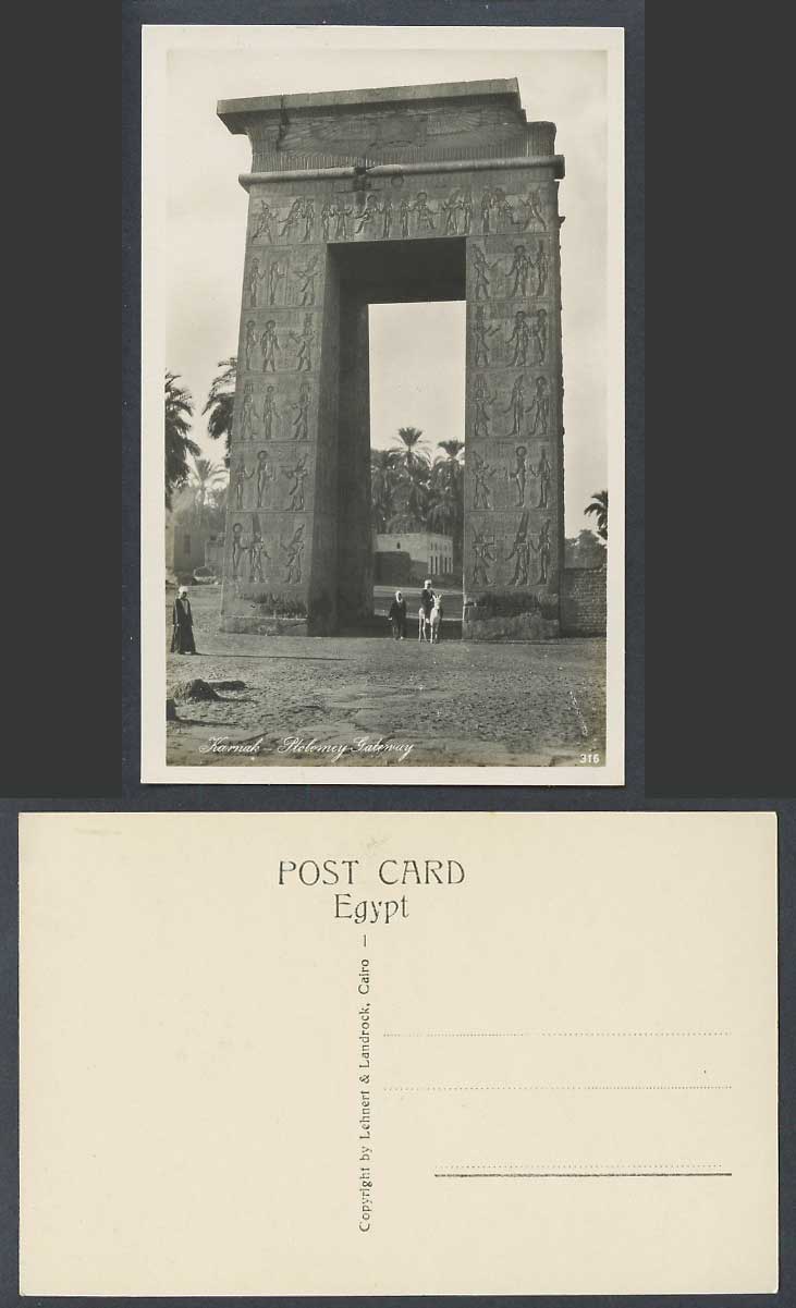 Egypt Old Real Photo Postcard Karnak Ptolomey Gateway Gate Carvings Donkey Rider
