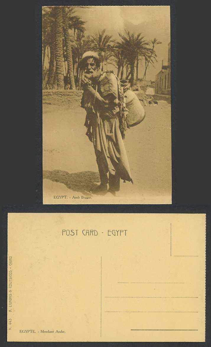 Egypt Old Postcard Native Arab Beggar Carrying Pitcher Mendiant Arabe Palm Trees