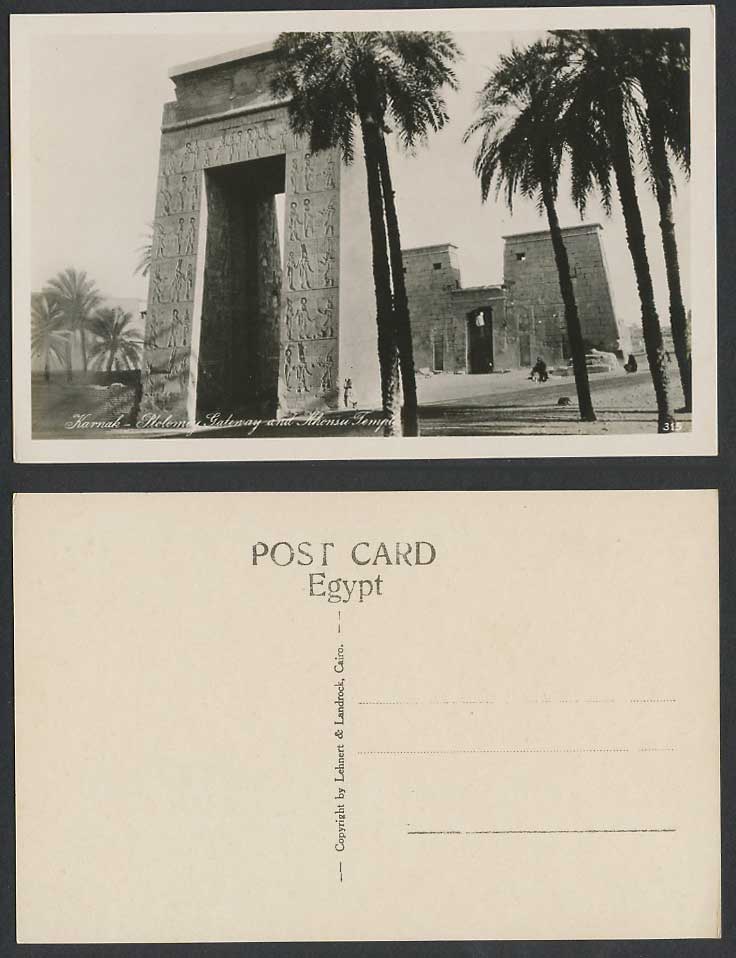 Egypt Old Real Photo Postcard Karnak Ptolomey Gateway Gate & Khonsu Temple Palms