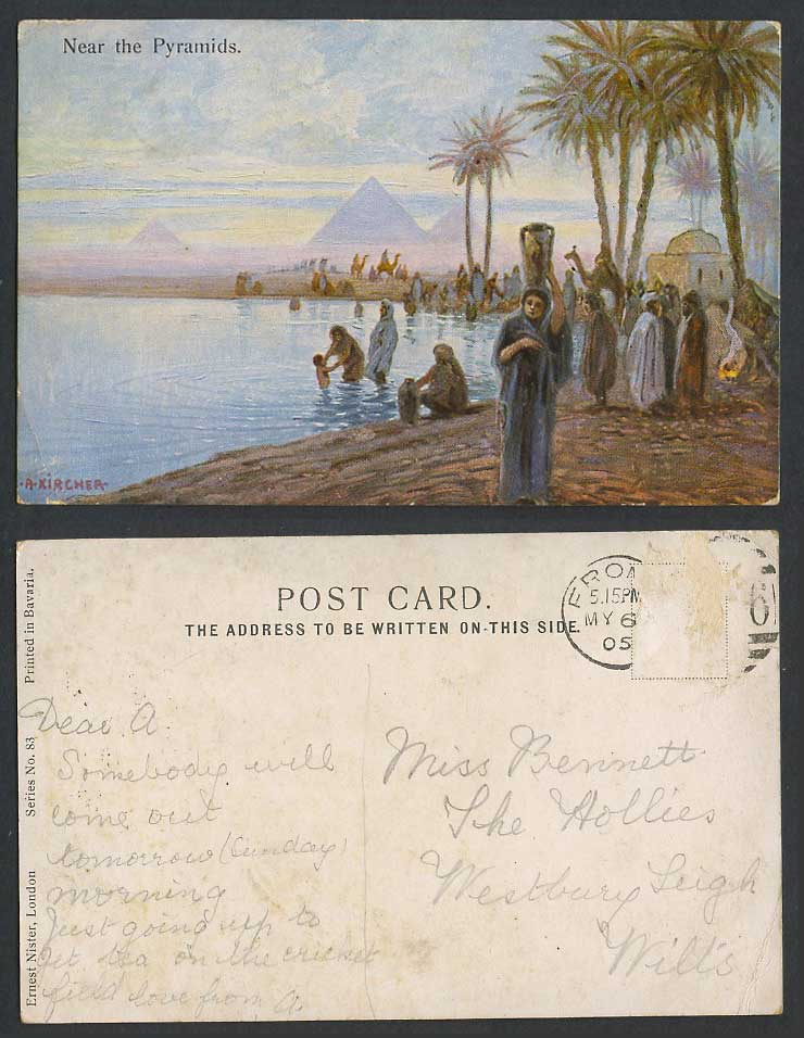 Egypt A. Kircher 1905 Old Postcard Near Pyramids Bathers Woman Camels Palm Trees