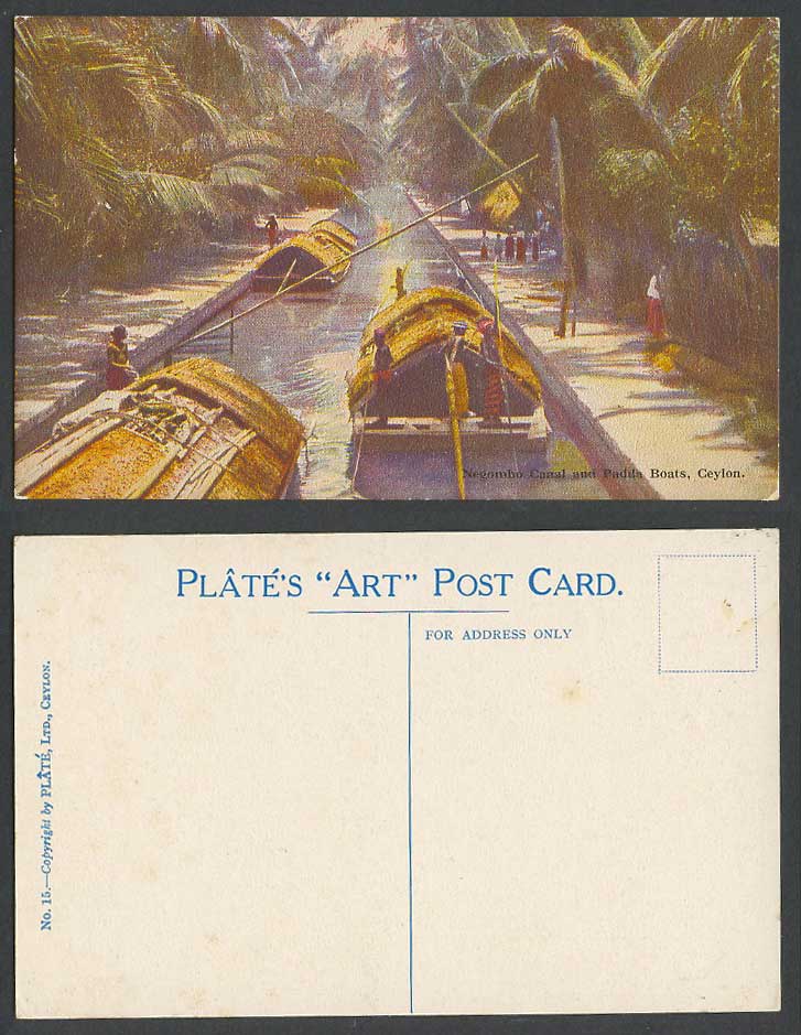 Ceylon Old Colour Postcard Negombo Canal Native Padda Boats Palm Trees Plate ART