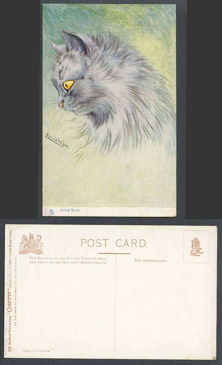 Louis Wain Artist Signed Cat Kitten Love Sick Old Tuck's Oilette Postcard N.1412