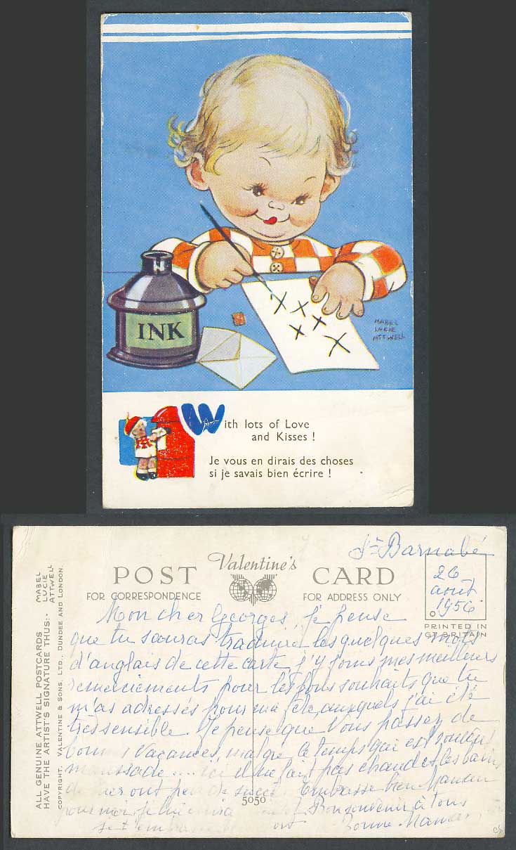 MABEL LUCIE ATTWELL 1956 Old Postcard With Lots of Love, Kisses INK Postbox 5050