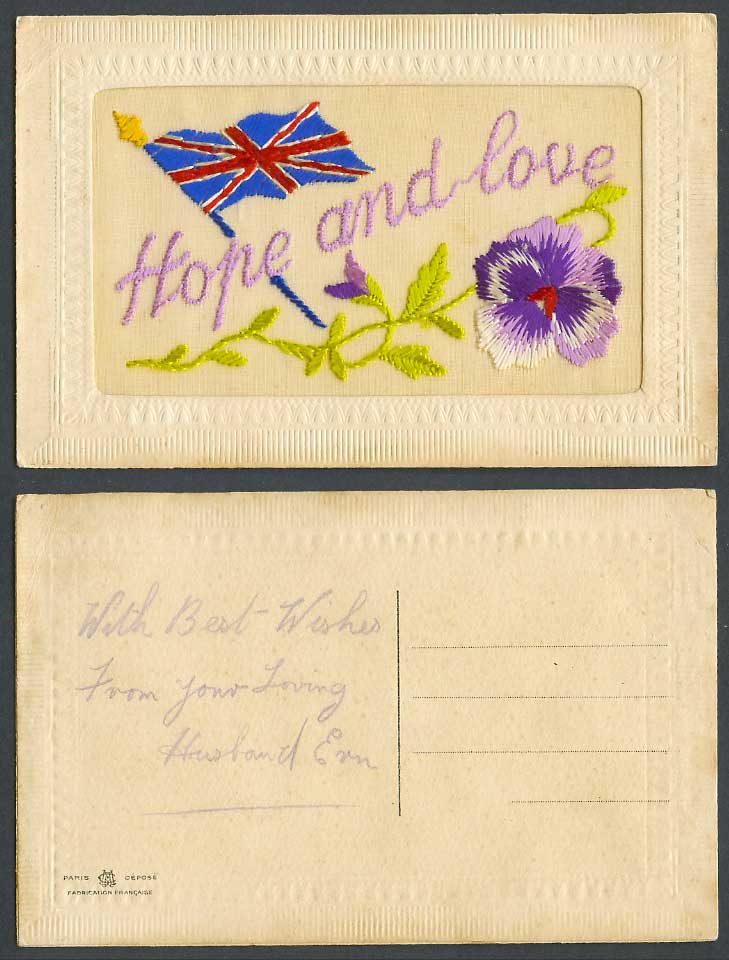 WW1 SILK Embroidered French Old Postcard Hope and Love British Flag Pansy Flower