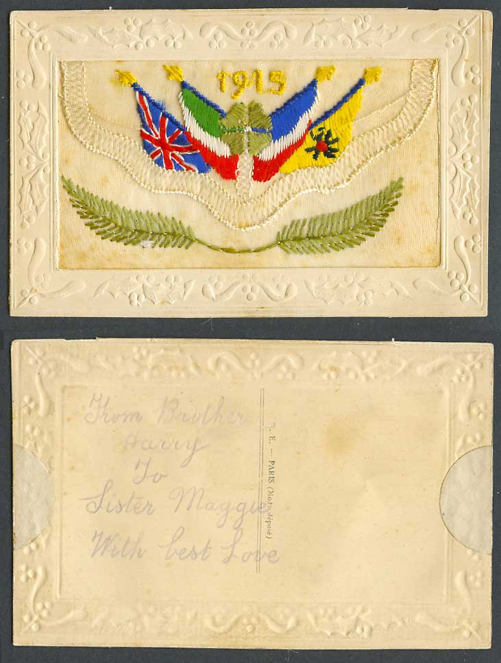 WW1 SILK Embroidered Old Postcard 1915 Flags 4-Leaf Clover Empty Wallet